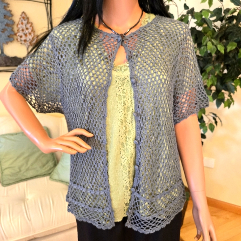 Vintage Blue/Green Open Weave Crocheted Cardigan Size Large